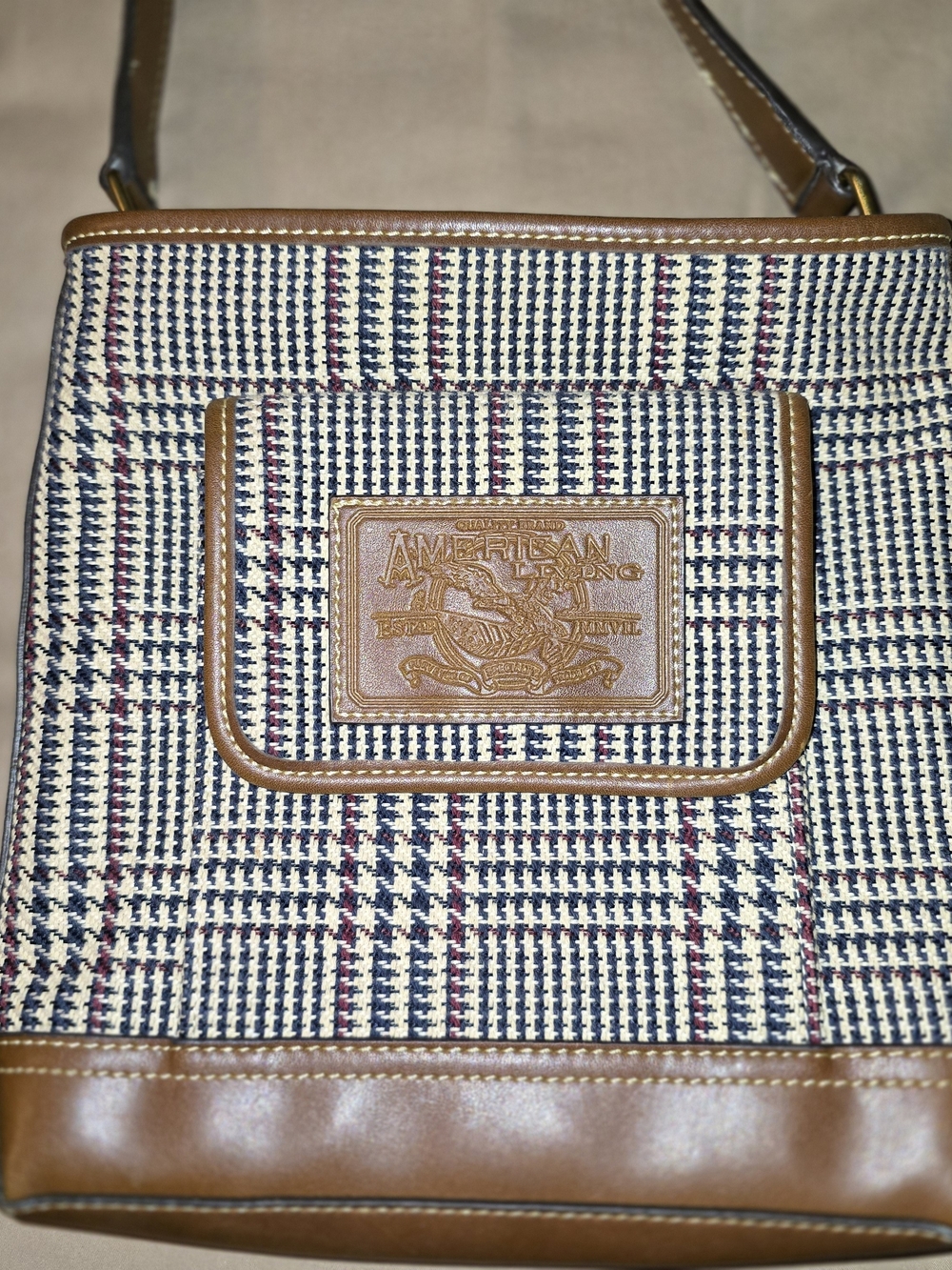 American Living Tan & Navy Houndstooth Crossbody Bag